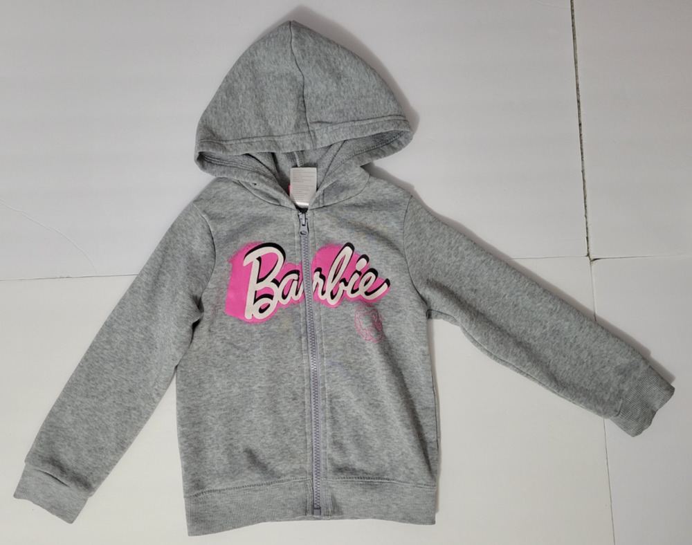 Barbie Girls Size 6 Gray Pink Logo Full Zip Hoodie Sweatshirt Jacket